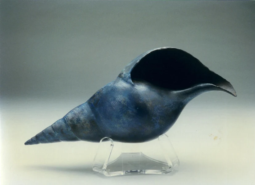 Blue Shell, smoke-fired clay sculpture by Francine Kirsch